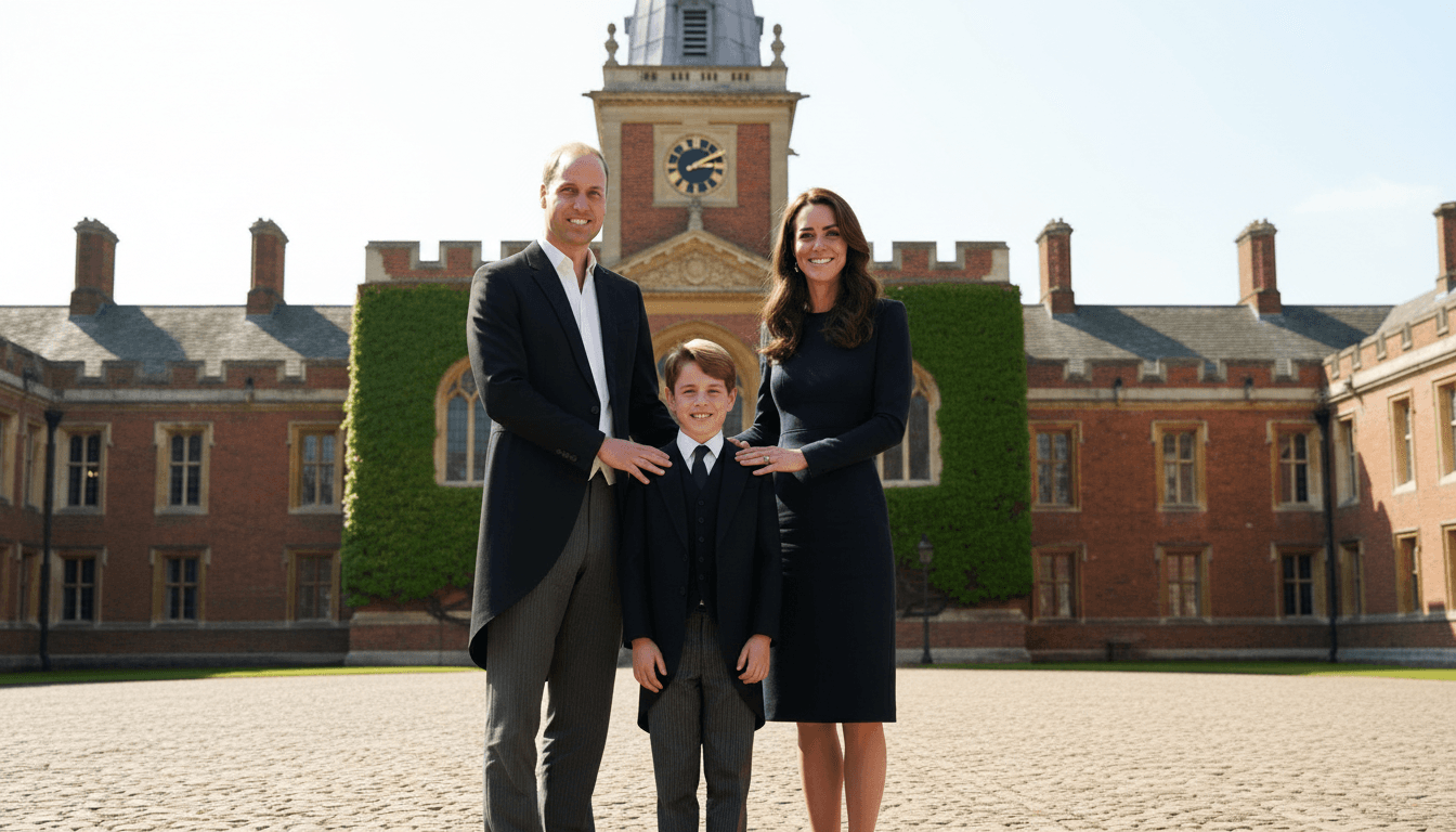 Prince George in Eton uniform with parents on his first day at school.
