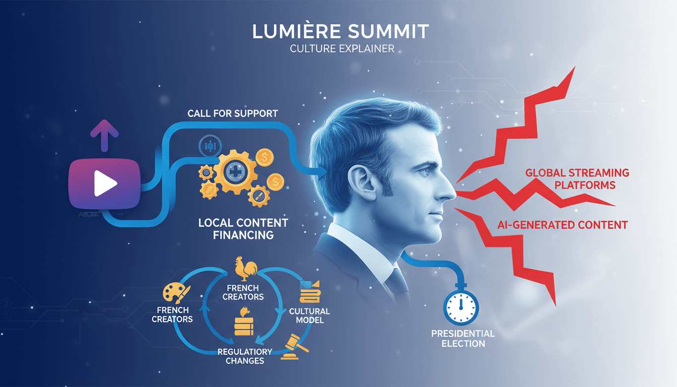 Infographic showing Macron's call for YouTube to finance local content and its implications for France's cultural model.