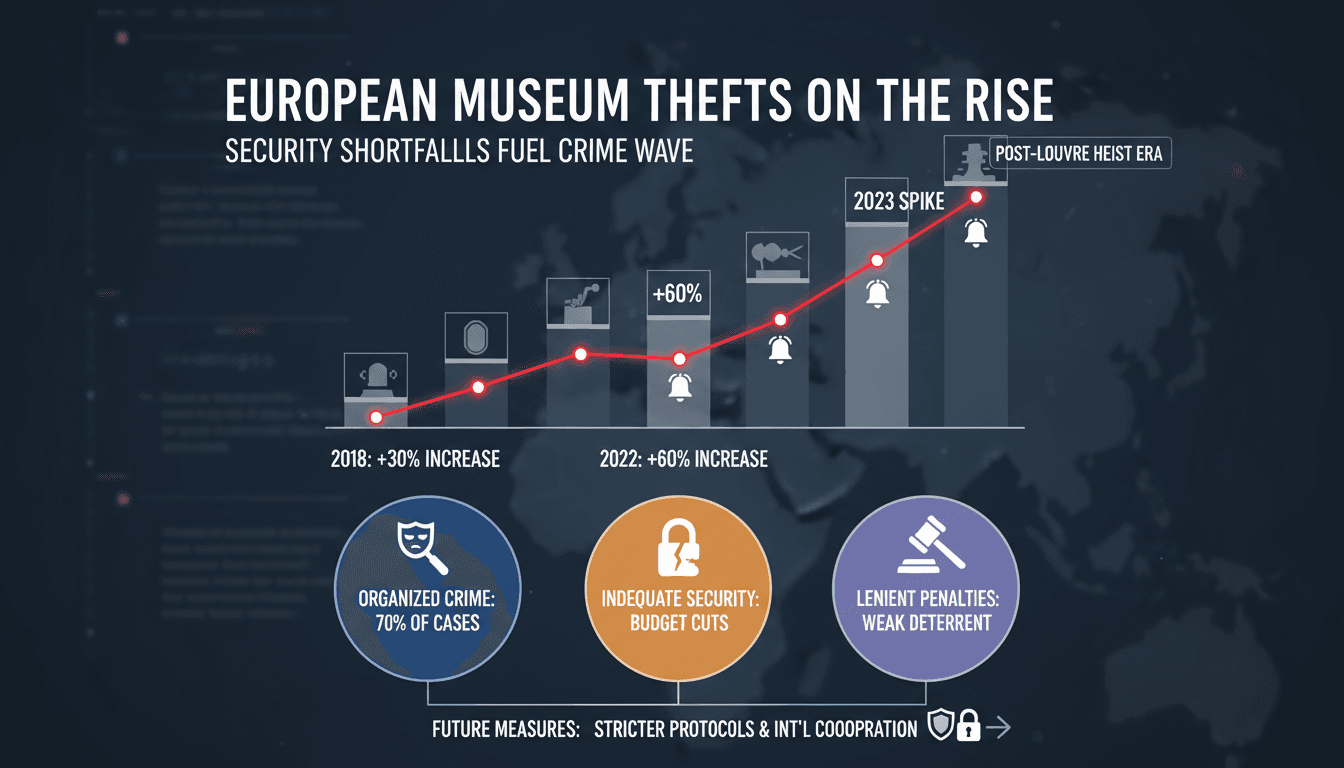 Infographic depicting the rise in museum thefts in Europe, highlighting key statistics and incidents.