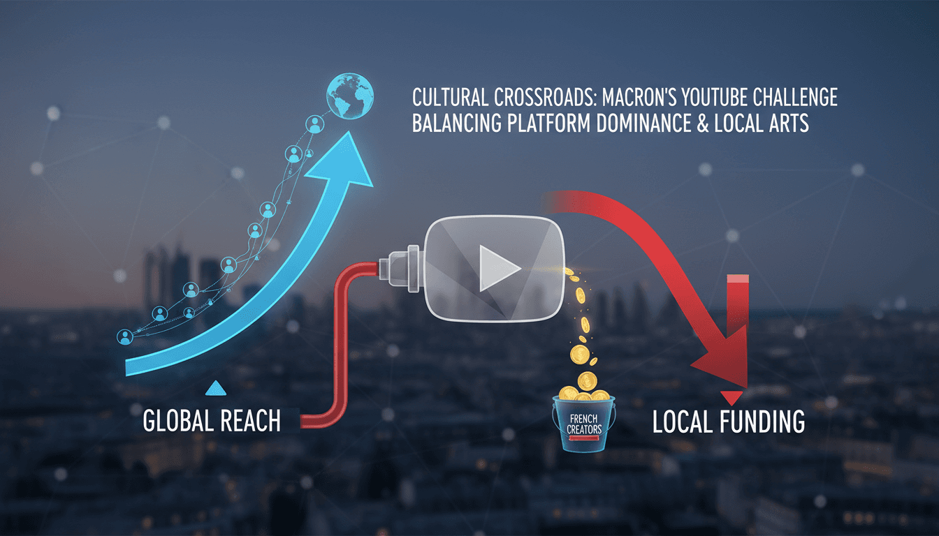 Infographic showing Macron's call for YouTube to finance local content and its implications for French media.