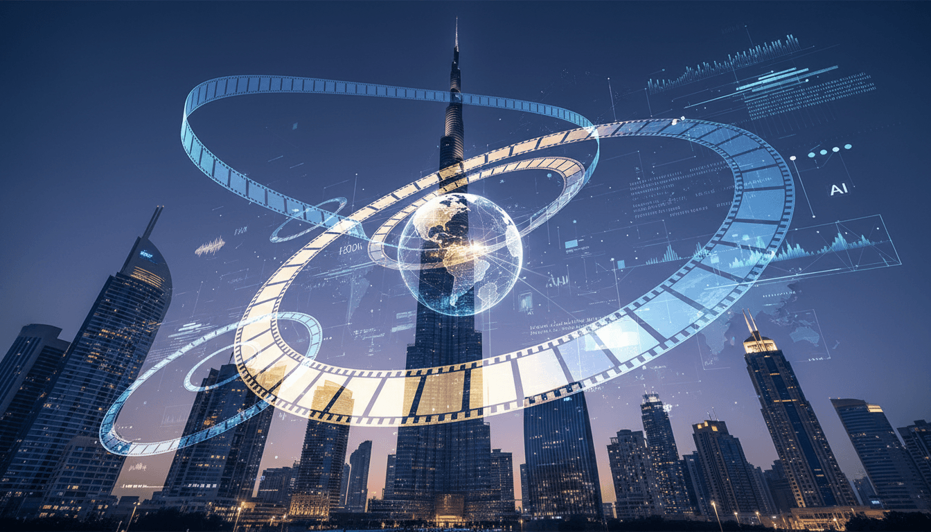 Dubai skyline with film reels and digital elements, representing its emergence as a global creative hub.