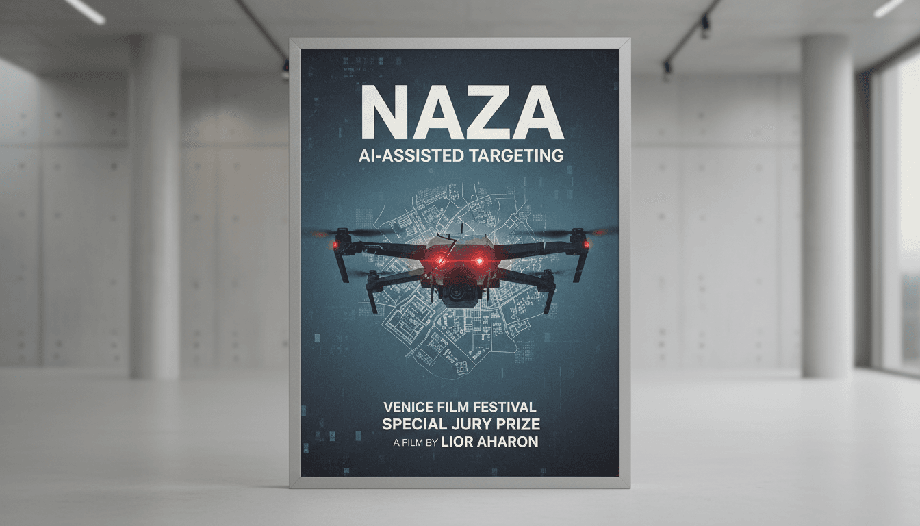 NAZA documentary poster showcasing themes of AI technology and military conflict.