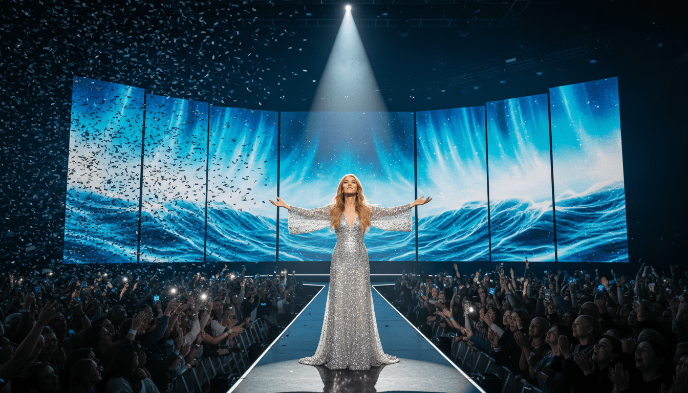 Céline Dion performing live at her concert residency opening in Paris, showcasing her emotional return to the stage.