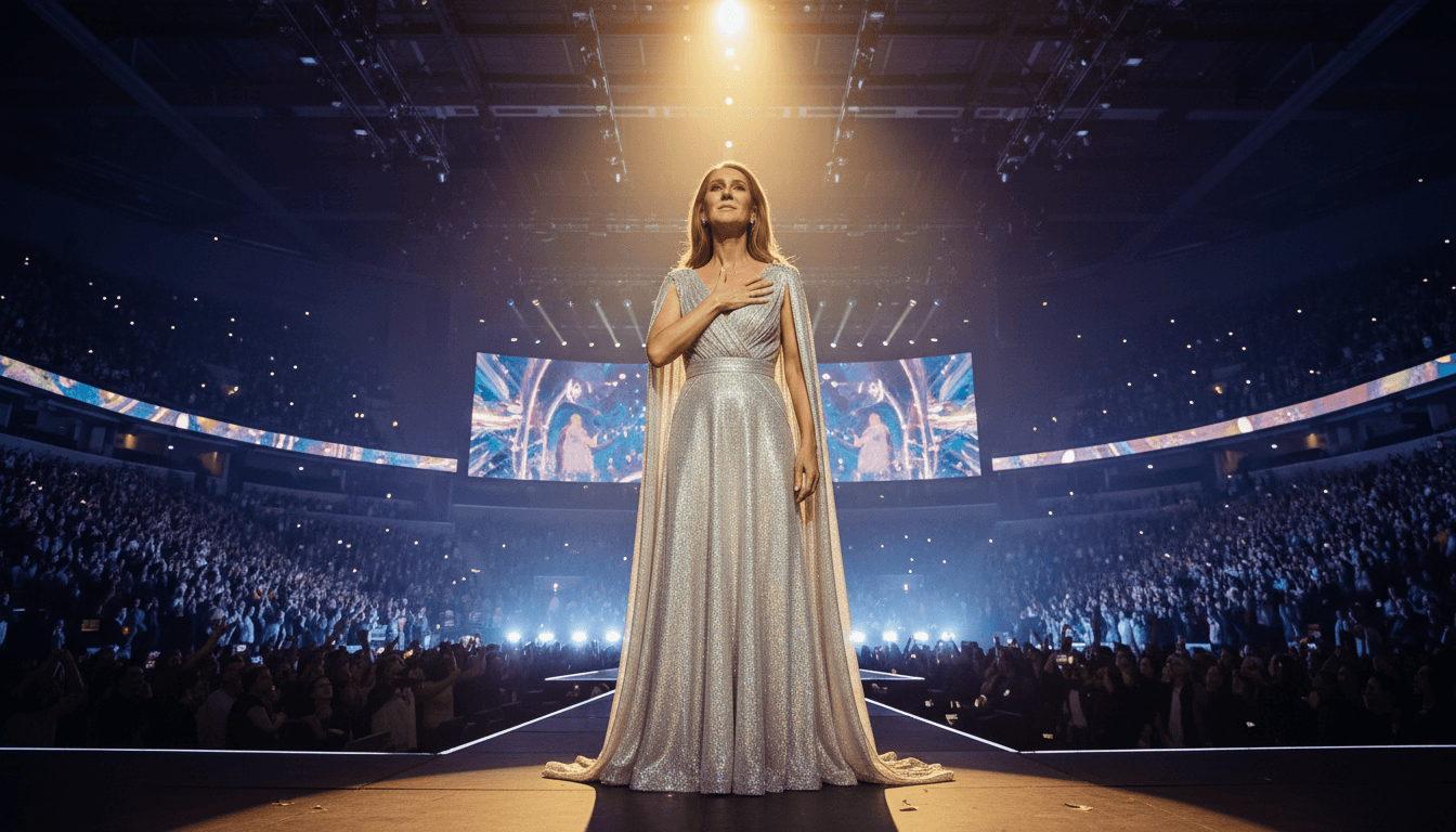 Celine Dion performing on stage during her emotional concert return in Paris after a six-year hiatus.
