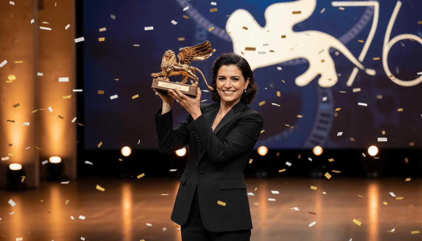 May el-Toukhy celebrating her Golden Lion win at the Venice Film Festival, highlighting women's achievements in film.
