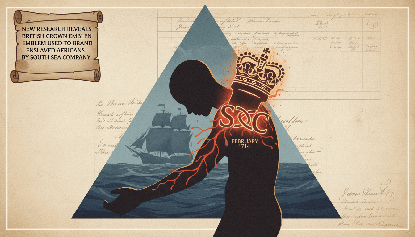 Infographic showing the branding of enslaved Africans with the British Crown emblem and South Sea Company logo.