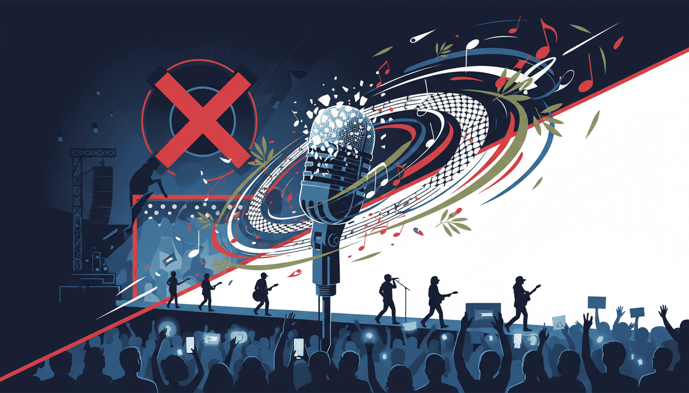 A visual representation of artists withdrawing from Ed Sheeran's tour, highlighting the theme of free speech and activism.