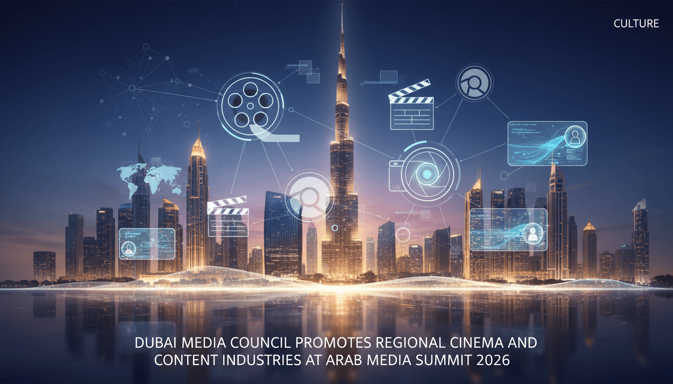 Dubai skyline with film and media icons, representing Dubai's role in the global content industry.