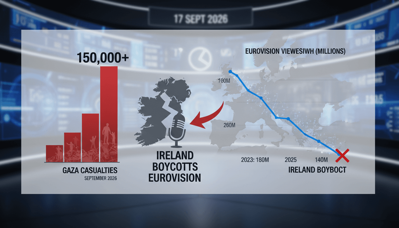 Infographic showing the impact of Ireland's Eurovision boycott over the Gaza conflict, highlighting viewership trends and humanitarian concerns.