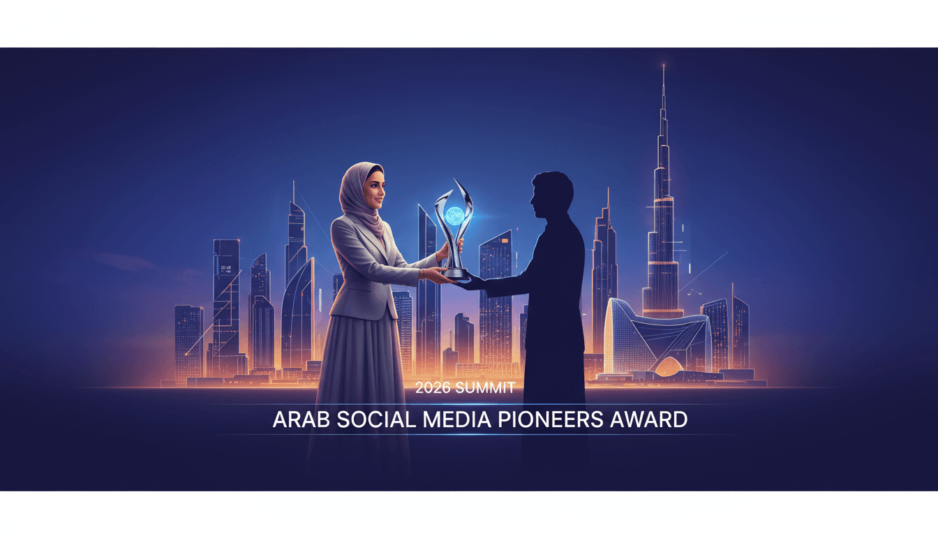 Sheikha Latifa presenting the Arab Social Media Pioneers Award against the Dubai skyline.