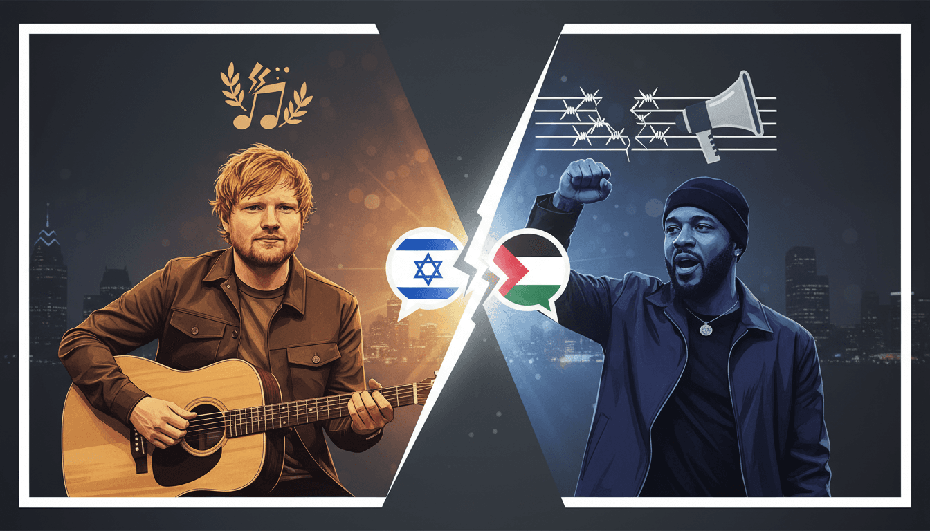 Ed Sheeran performing at a concert, addressing the Israel-Gaza conflict and artist activism.