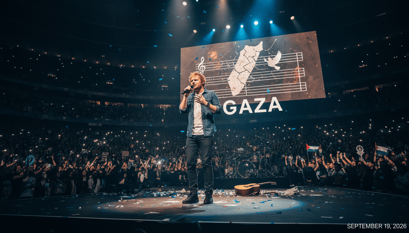 Ed Sheeran passionately addressing the audience about the Gaza crisis during a concert.