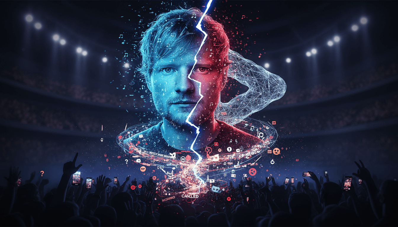 A graphic showing Ed Sheeran and Macklemore with headlines about viral misinformation and its impact on artist reputations.