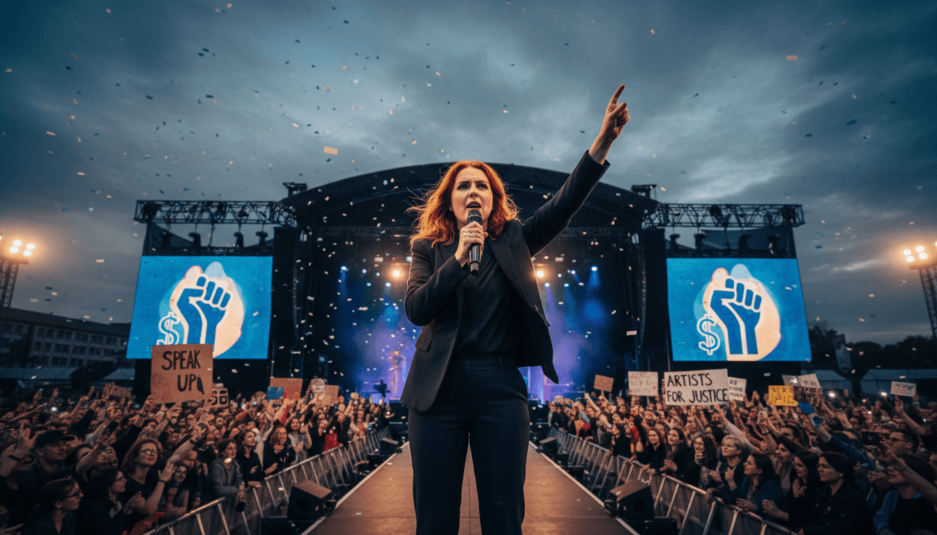 Charlotte Church addressing a crowd, highlighting the clash of capitalism and activism in the music industry.