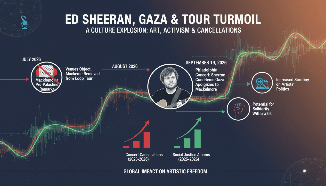 Ed Sheeran performing at Lincoln Financial Field, addressing Gaza conflict and Macklemore's removal from tour.