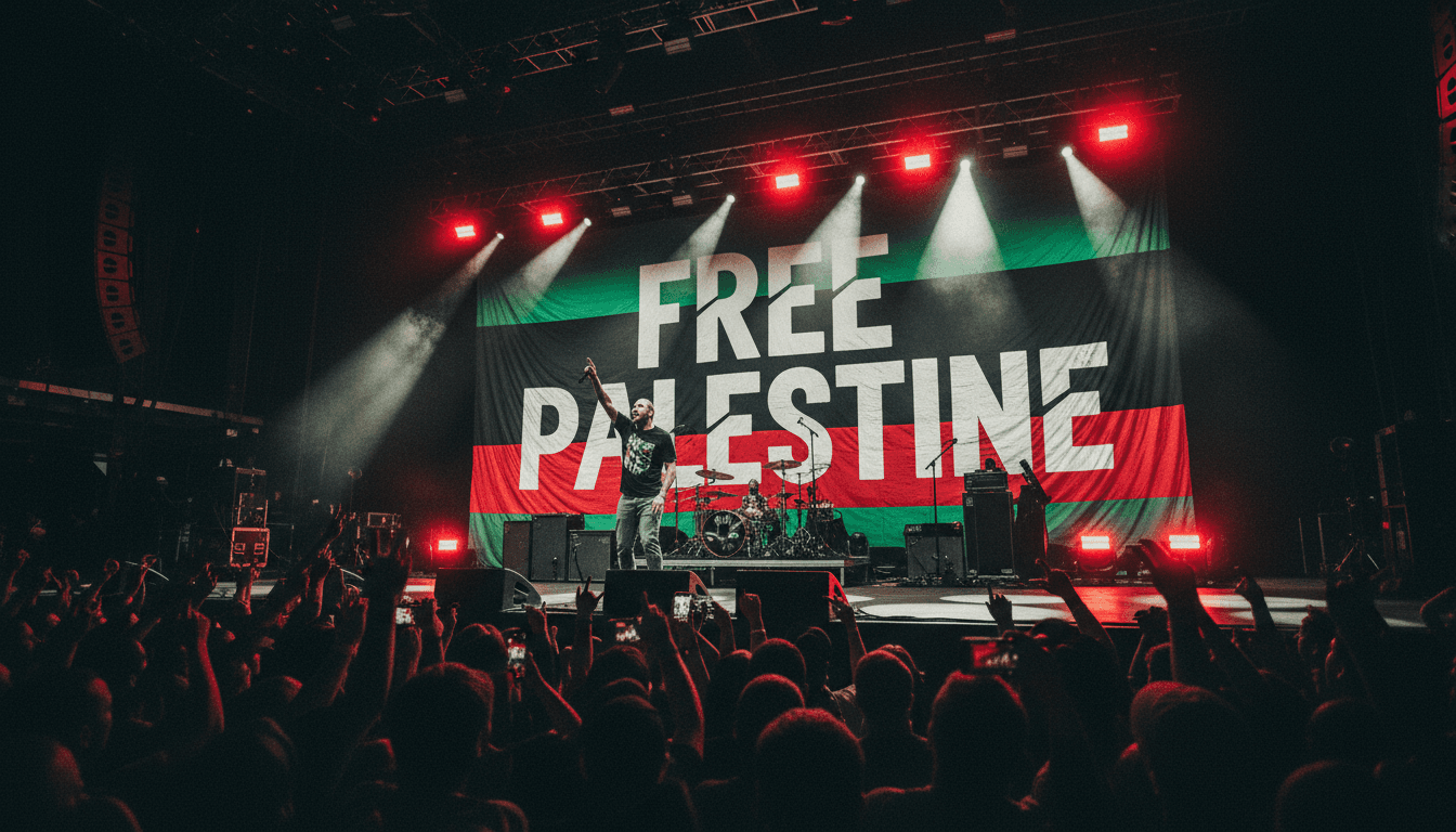 Macklemore performing with a "Free Palestine" banner, highlighting the intersection of music and activism.