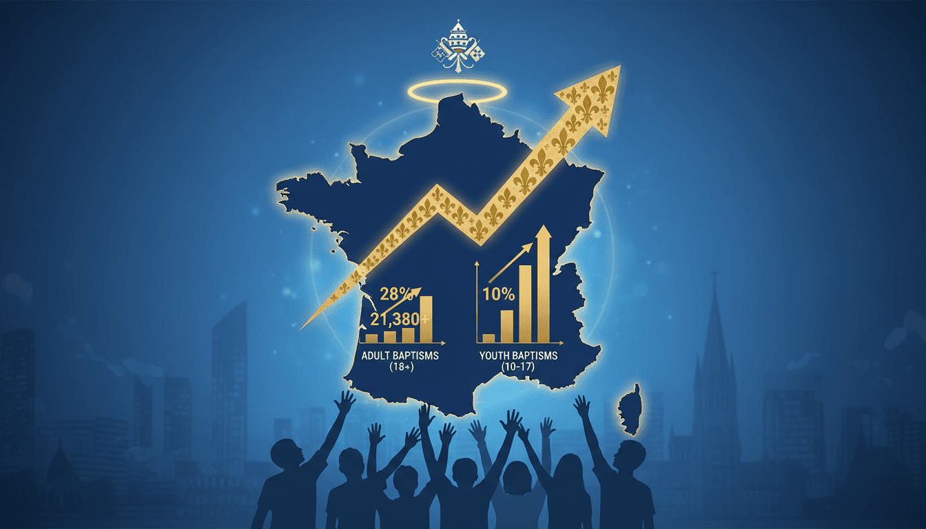 A graphic showing the rise in Catholic baptisms in France, emphasizing young adults and cultural shifts.