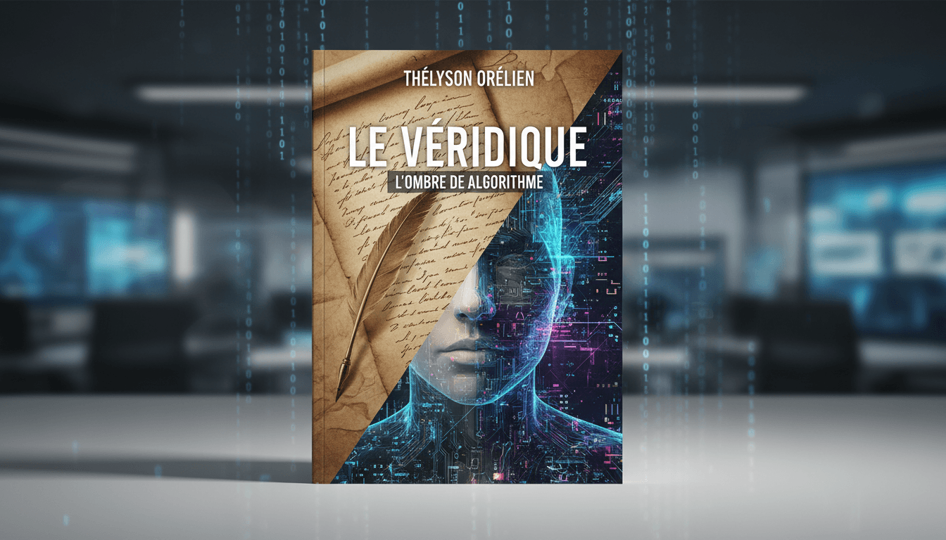 A book cover featuring AI-generated elements contrasted with traditional literary symbols.