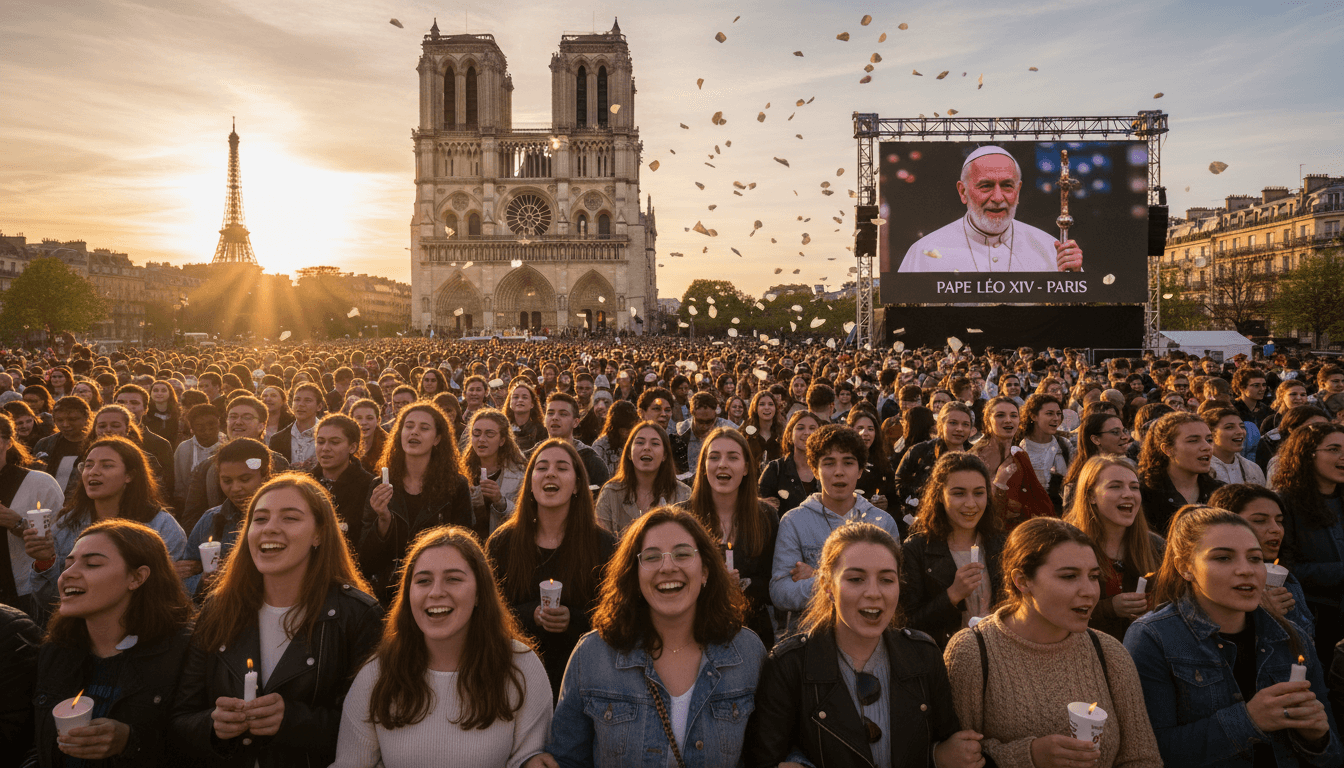 Young attendees at the open-air Mass in Paris, showcasing their enthusiasm for faith and community.