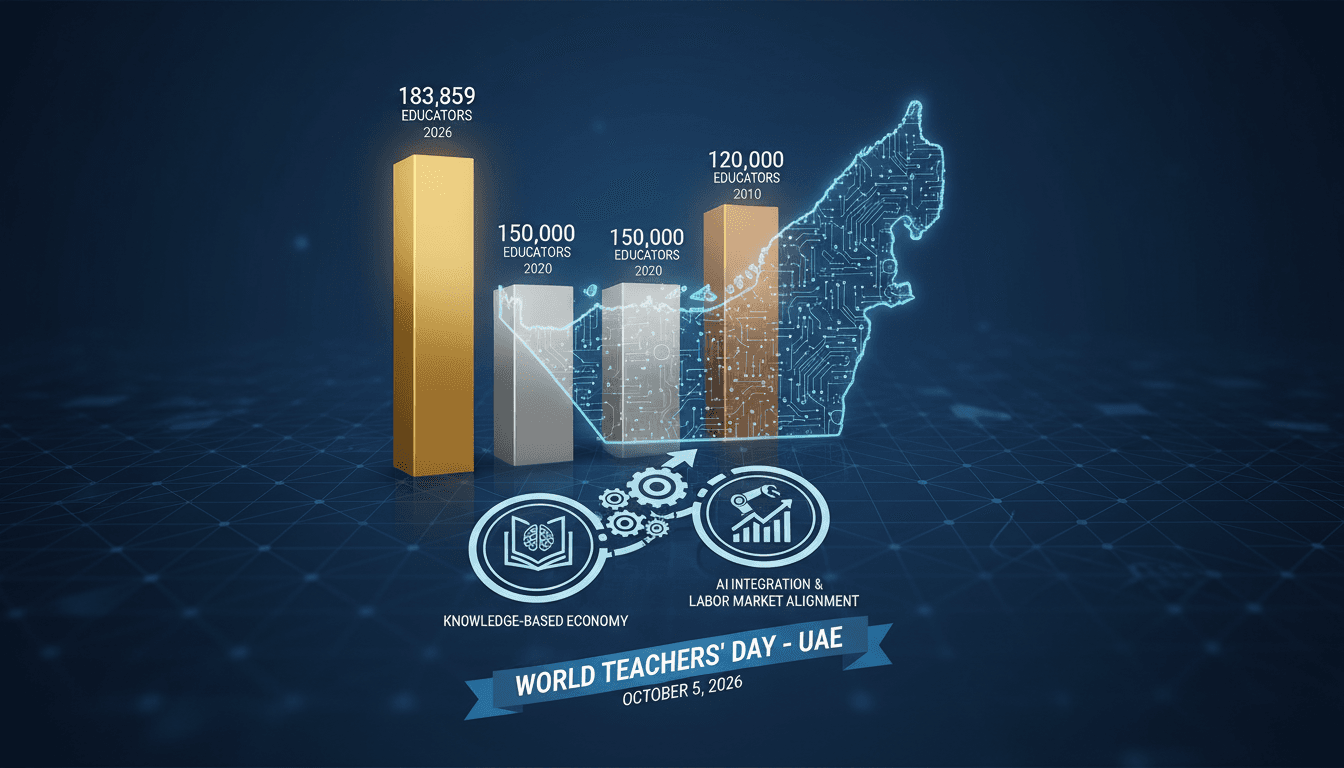 Infographic showing the UAE's educator workforce growth and educational reforms impact on the economy.
