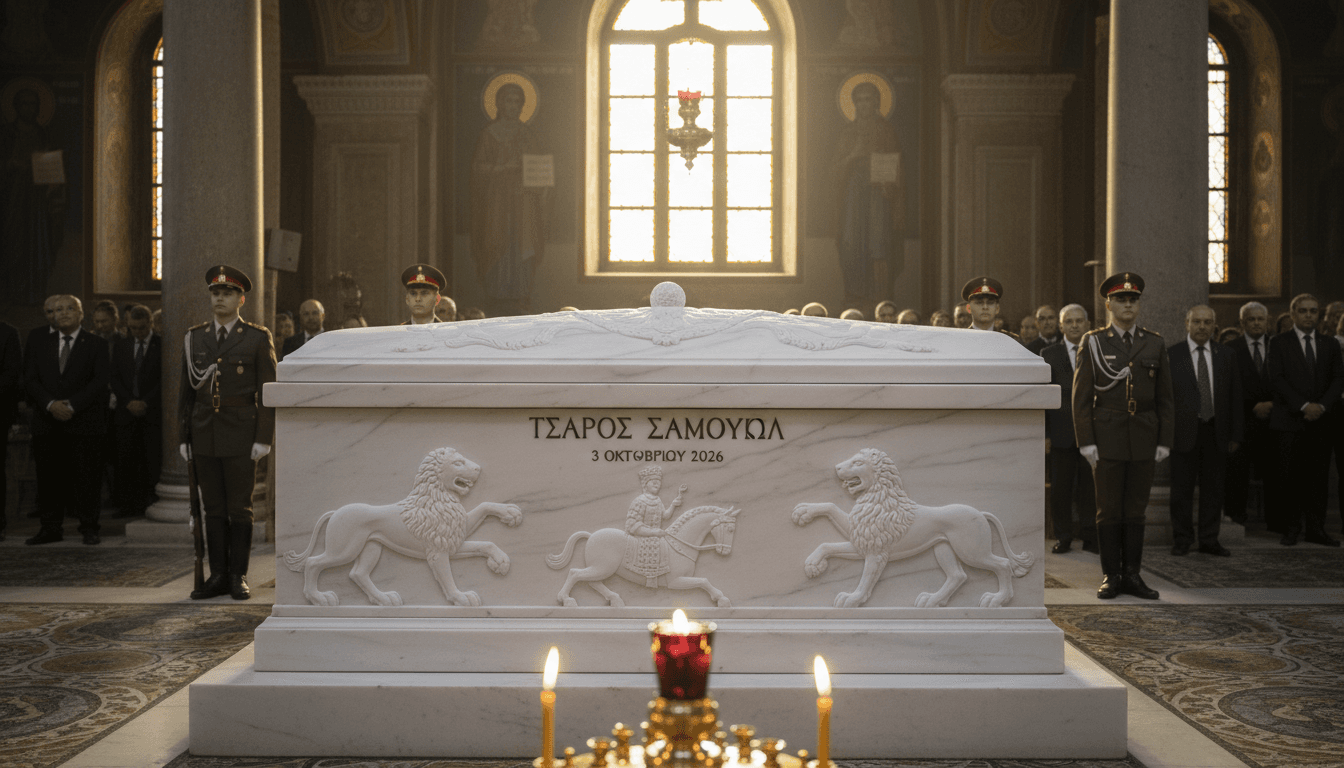 The marble sarcophagus of Tsar Samuel at St. Sophia Basilica, symbolizing Bulgaria's cultural revival.