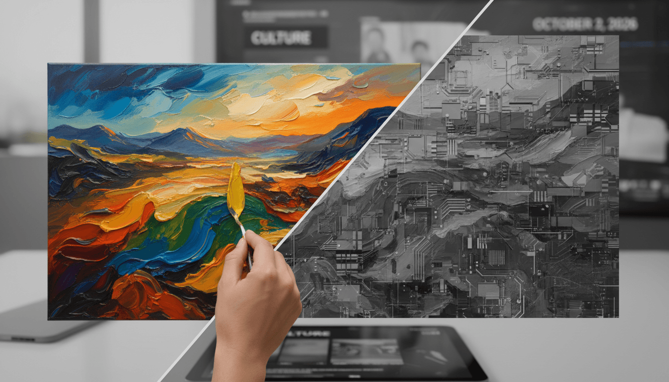 A vibrant human painting contrasted with a monochrome AI-generated piece, illustrating the value of human creativity.