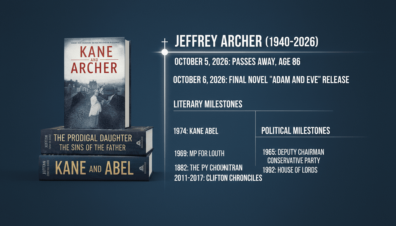 A collage of Jeffrey Archer's book covers and a timeline of his literary and political career.