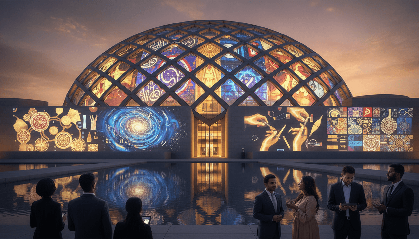 Contemporary artworks displayed under the Louvre Abu Dhabi dome, showcasing cultural confluences between Gulf and Indian artists.