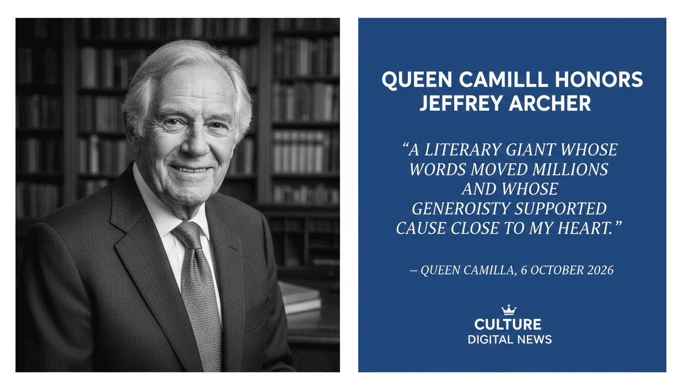 A portrait of Jeffrey Archer with a quote from Queen Camilla's tribute, highlighting his literary legacy.