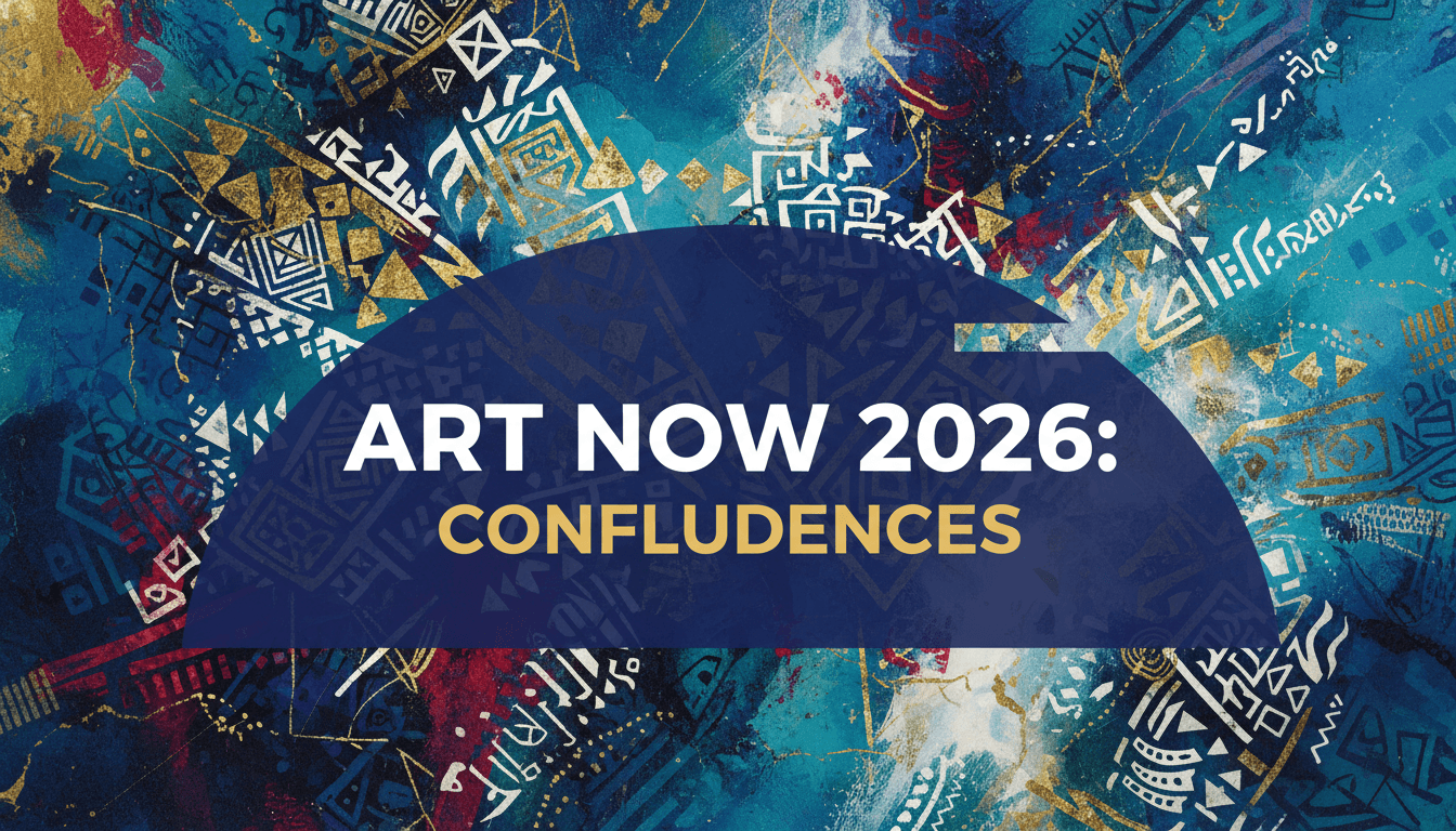 The Louvre Abu Dhabi dome with the text "Art Now 2026: Confluences" overlaid on a vibrant contemporary art piece.