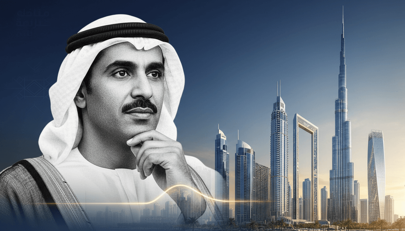Portrait of Sheikh Rashid with Dubai skyline, highlighting his legacy in shaping the emirate.