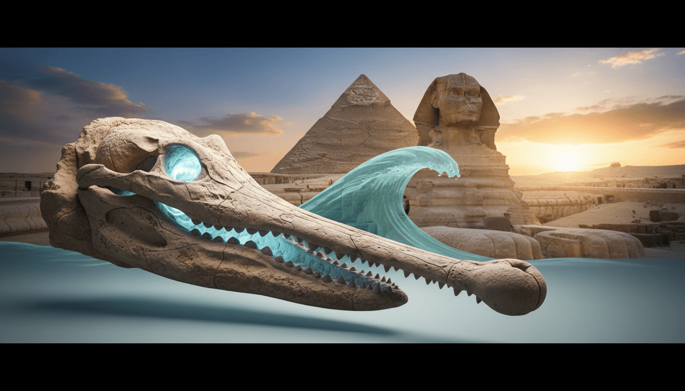 Fossil skull of Herugavialis cairensis next to the Great Sphinx, illustrating ancient biodiversity.