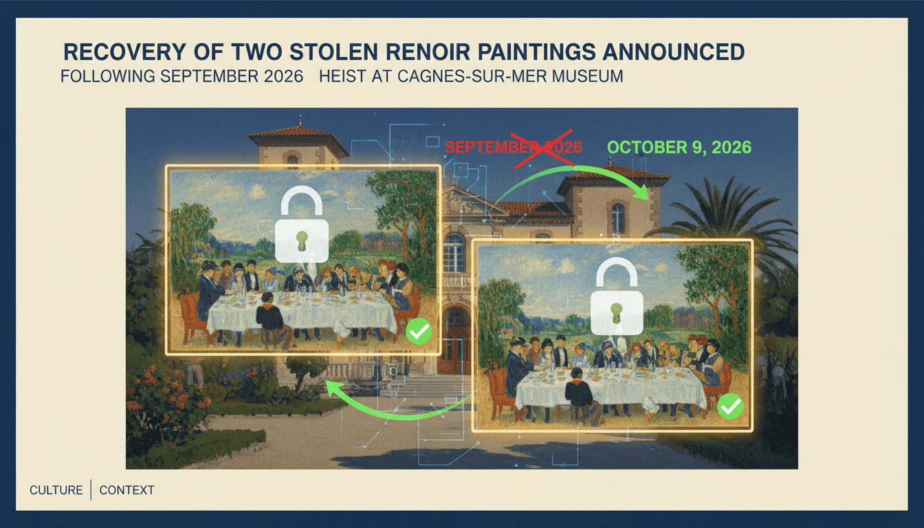 Two recovered Renoir paintings displayed at the Renoir Museum in Cagnes-sur-Mer, highlighting art security issues.