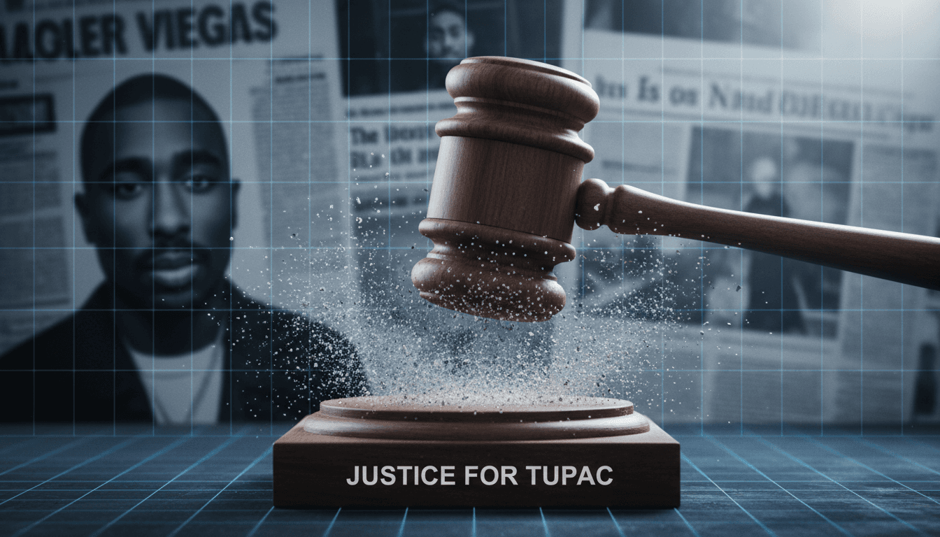 A gavel striking down, symbolizing justice served in the Tupac Shakur case.