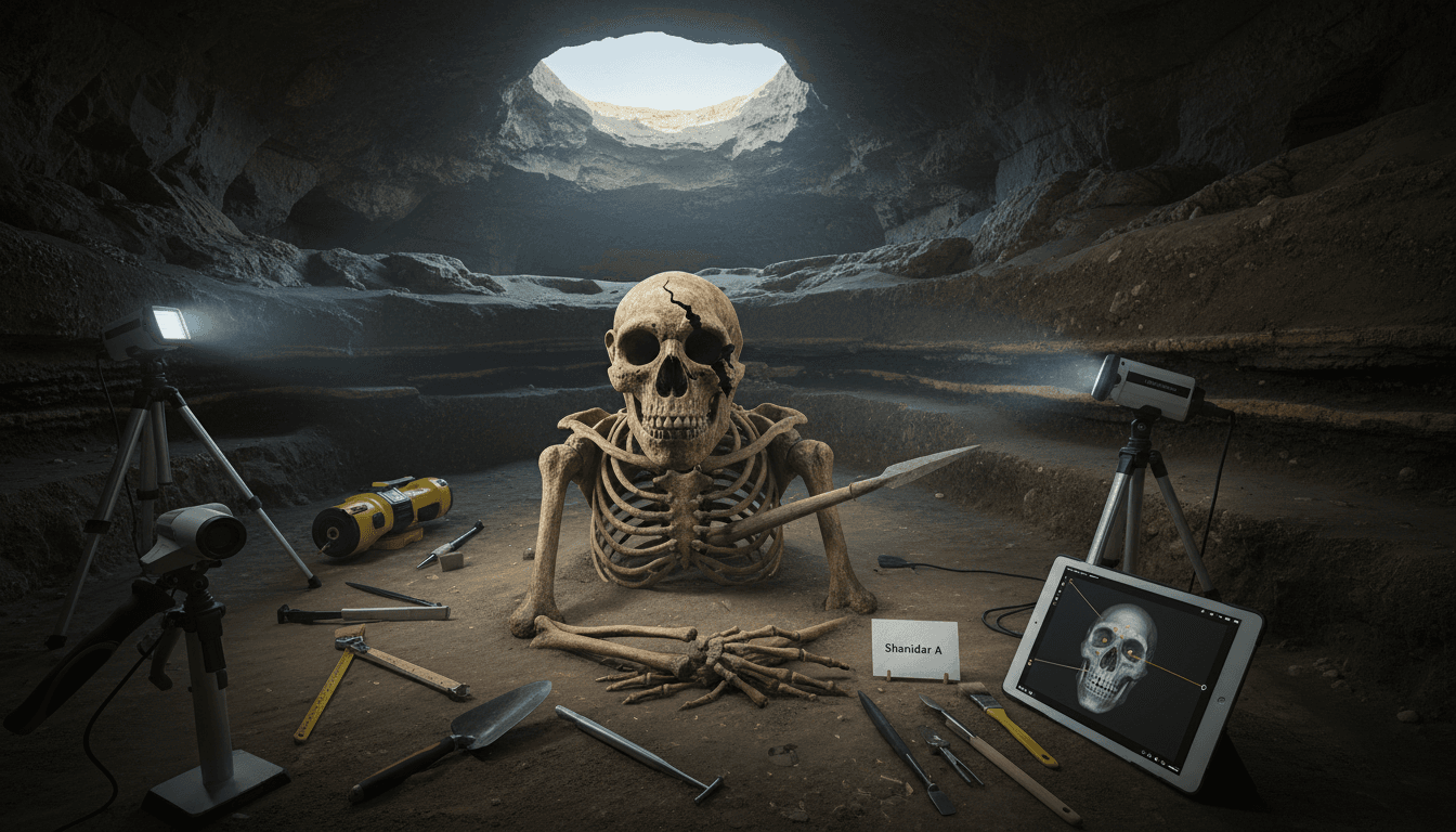 Excavation site of Shanidar Cave showcasing Neanderthal remains and archaeological tools.