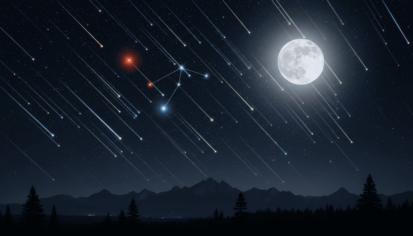 A night sky filled with meteors from the Orionid meteor shower, showcasing the constellation Orion.