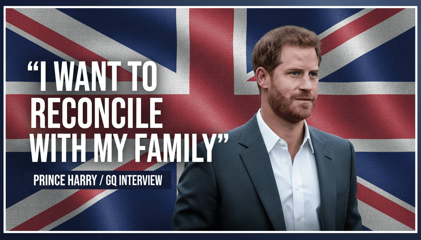 Prince Harry speaking about reconciliation with King Charles and Prince William in a GQ interview setting.
