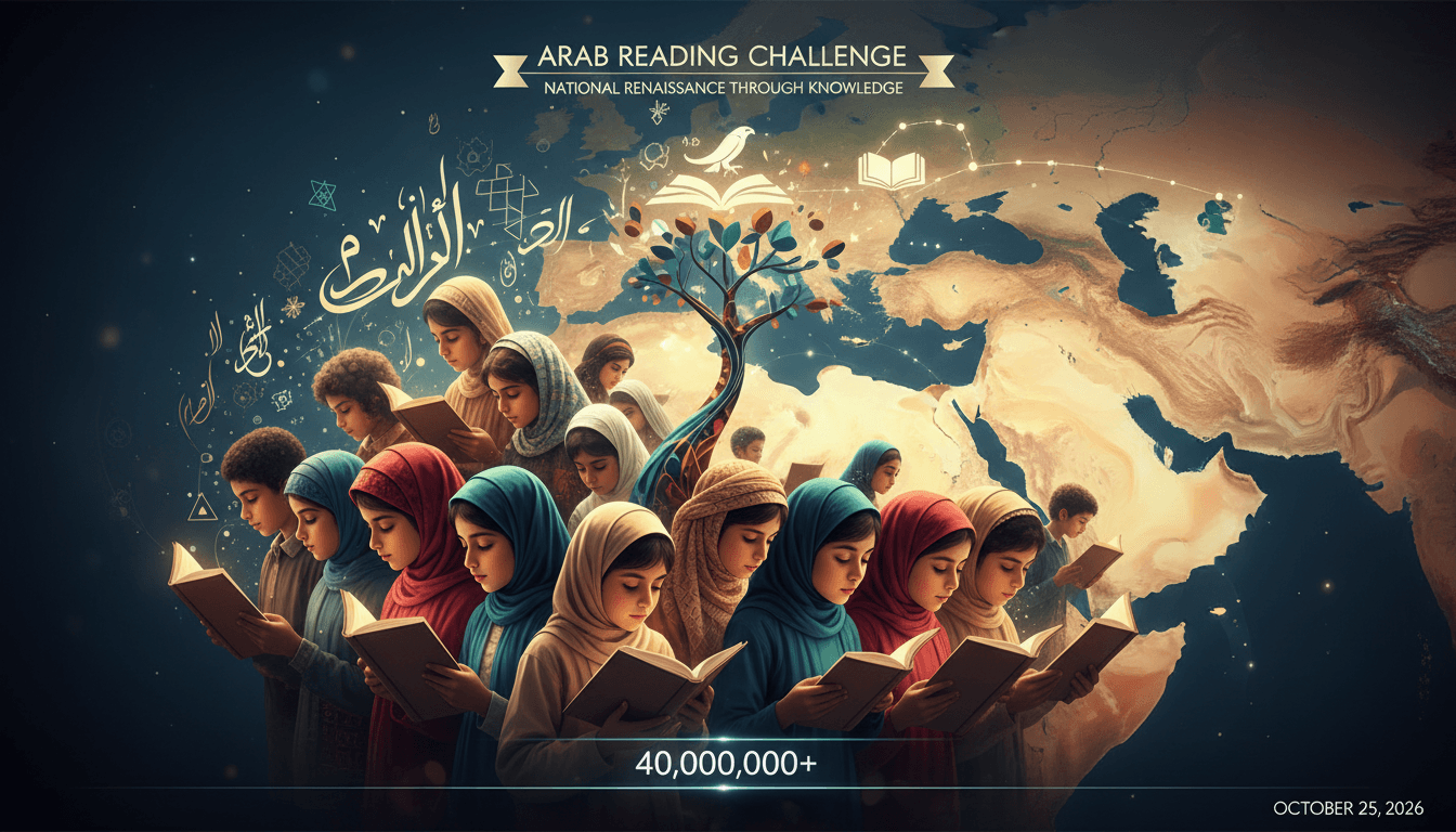 A diverse group of students participating in the Arab Reading Challenge, symbolizing the cultural significance of reading.