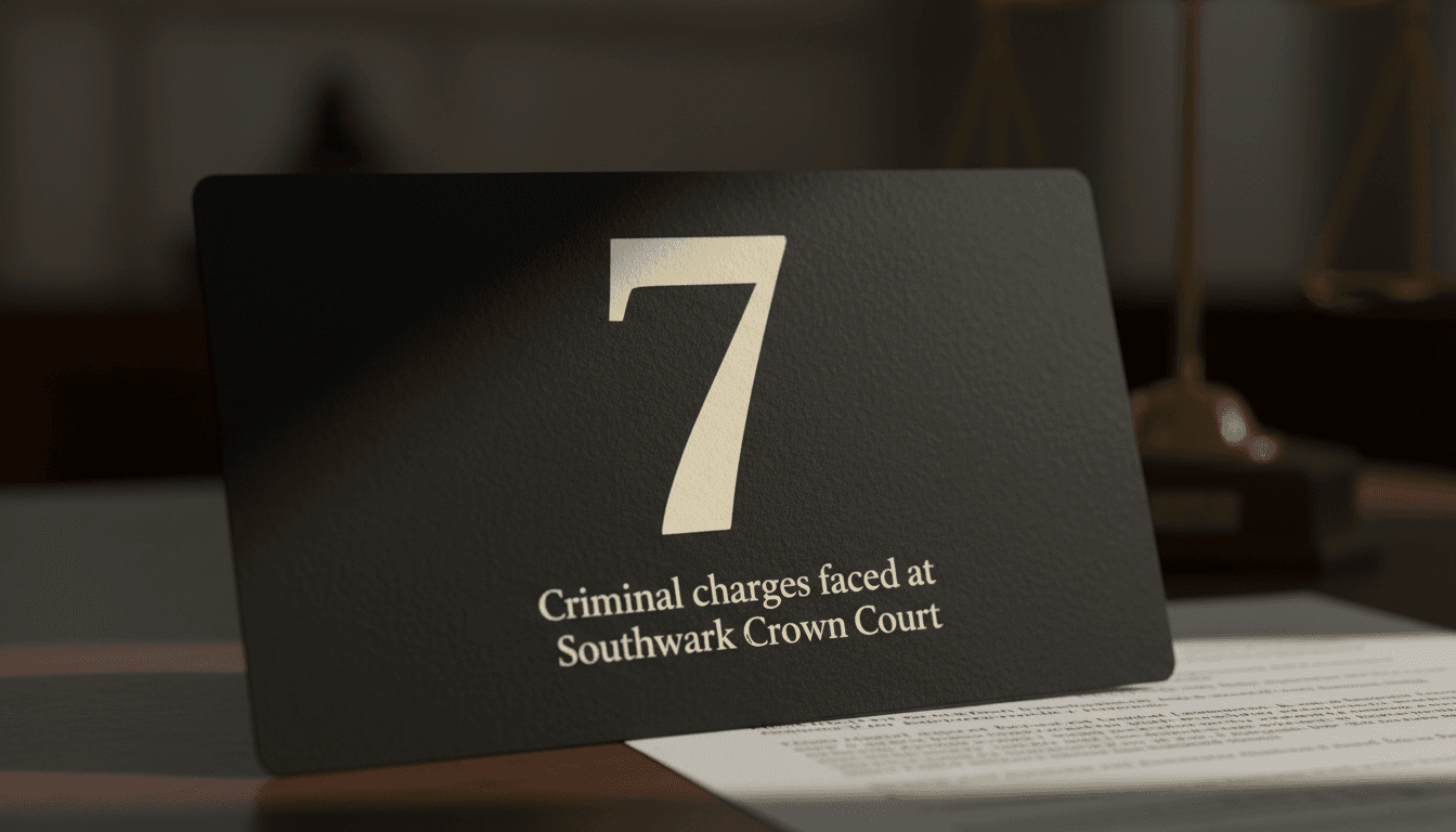 Clean minimalist graphic displaying the number 7 highlighting charges in the Russell Brand trial