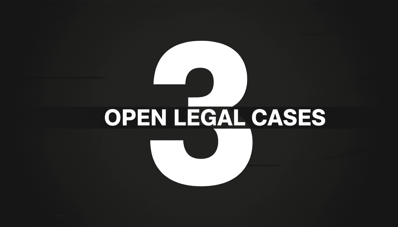 Minimalist dark graphic card showing the number 3 representing open legal cases faced by Jafar Panahi