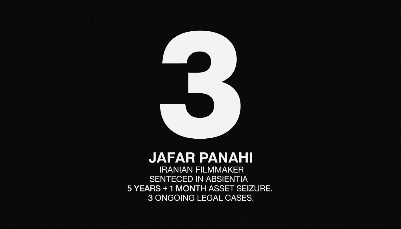 Minimalist card displaying the number three representing open legal cases against director Jafar Panahi