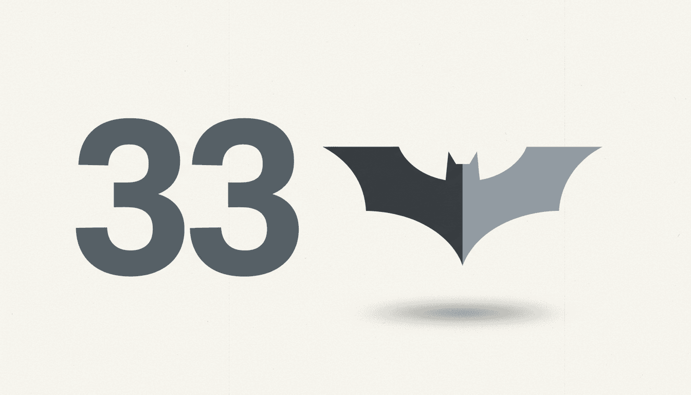 Minimalist graphic highlighting the number 33 and the DCU Batman franchise symbol