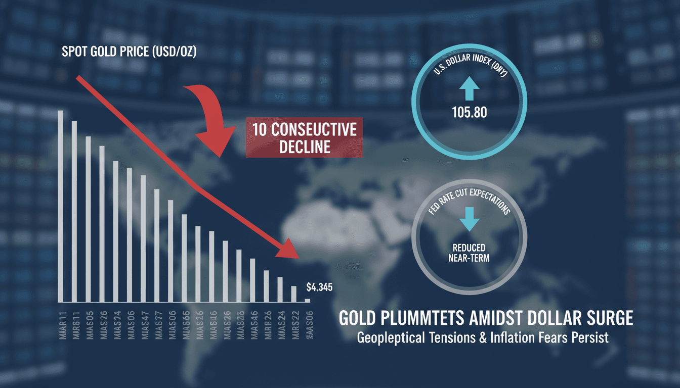 Spot gold prices decline for tenth consecutive session amid strong U.S. dollar