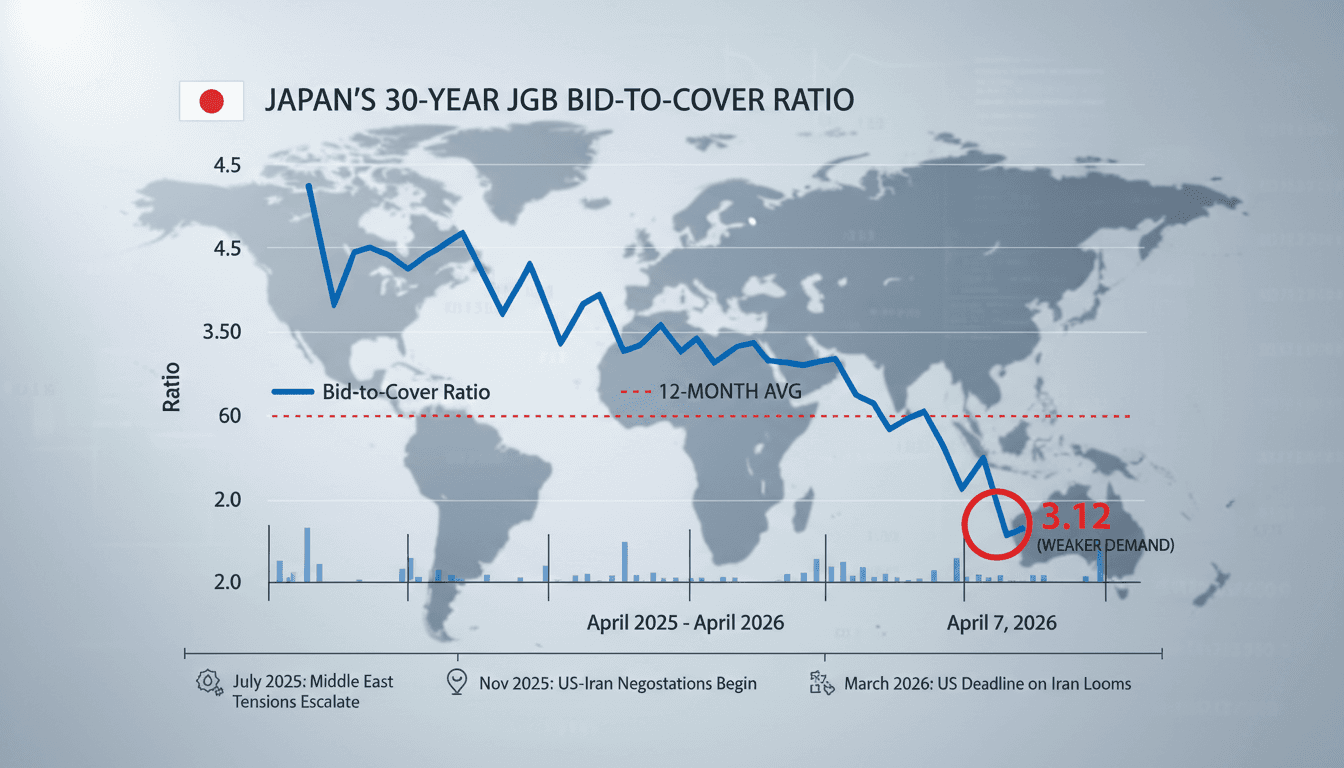 Japan's 30-Year JGB Auction Sees Weaker Demand with Bid-to-Cover Ratio of 3.12