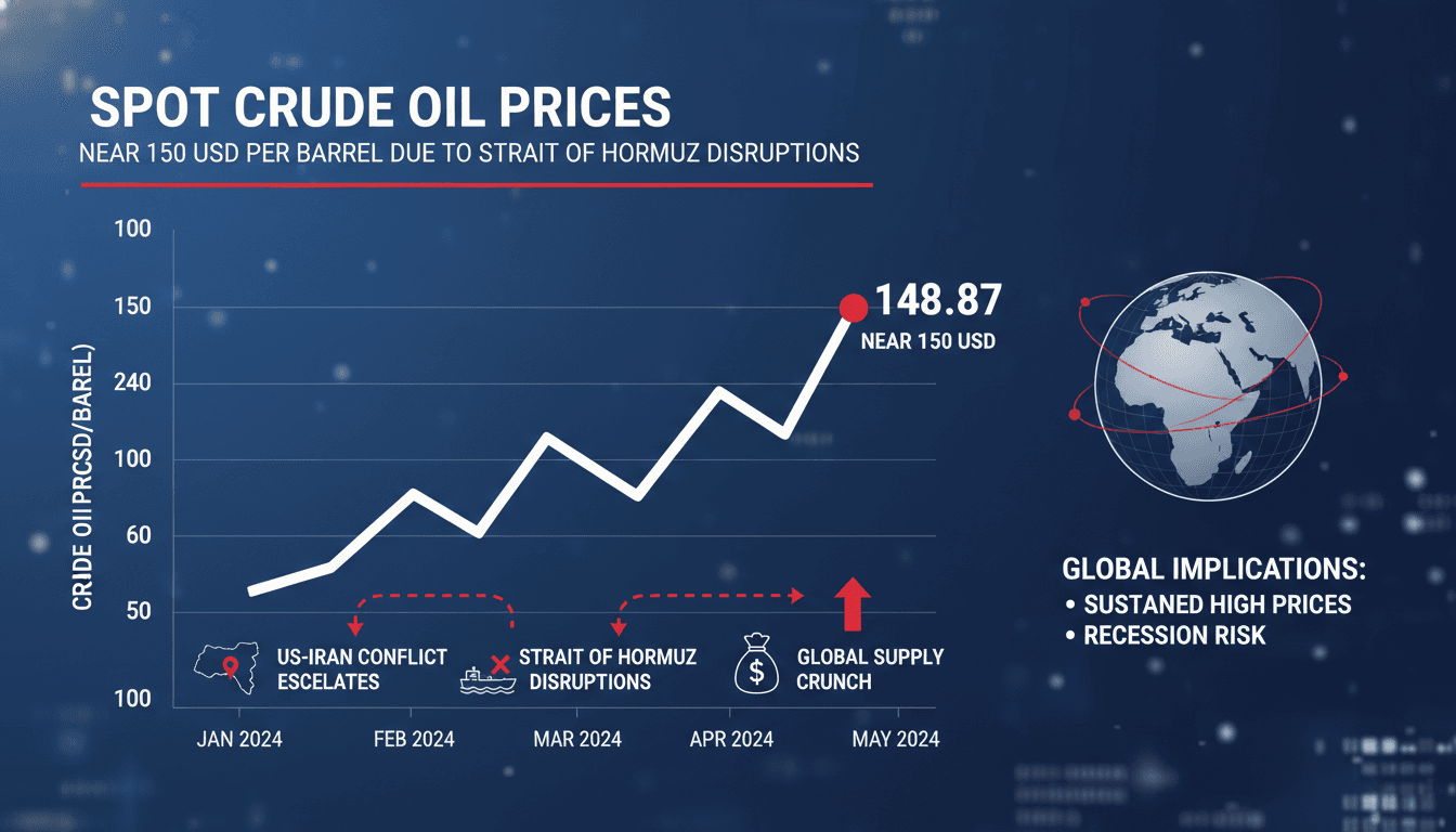 Spot Crude Oil Prices Near 150 USD per Barrel Due to Strait of Hormuz Disruptions