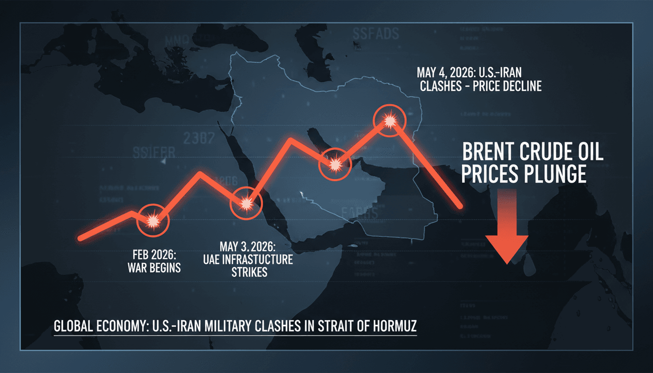 A chart showing Brent crude oil price fluctuations amid U.S.-Iran tensions in the Strait of Hormuz.
