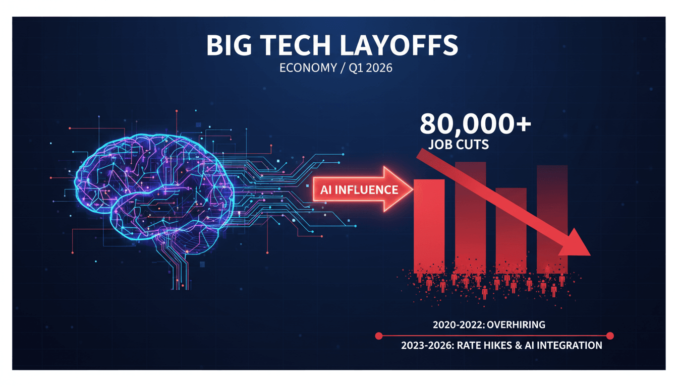 Illustration of job cuts in Big Tech due to AI advancements and economic conditions.