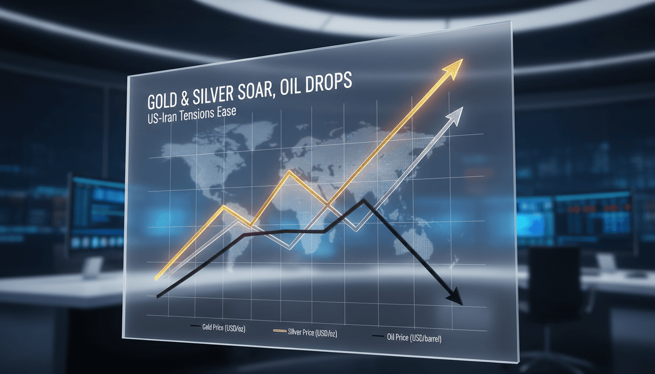 Chart showing the surge in gold and silver prices amid easing US-Iran tensions.
