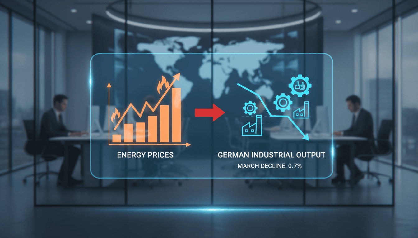 Graph showing decline in German industrial output and rising energy prices