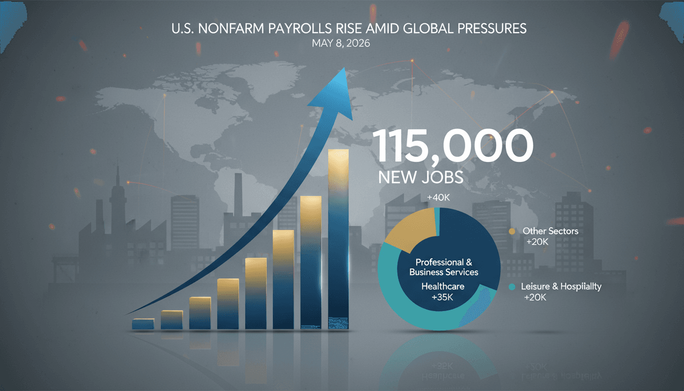 Infographic illustrating the 115,000 job increase in the U.S. nonfarm payrolls for April 2026.